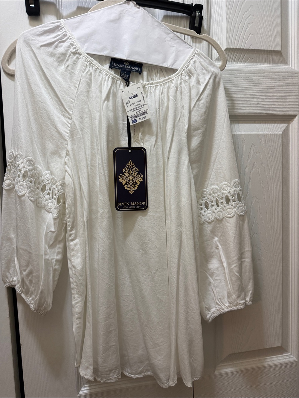 White Peasant Blouse with Lace Sleeve Detail